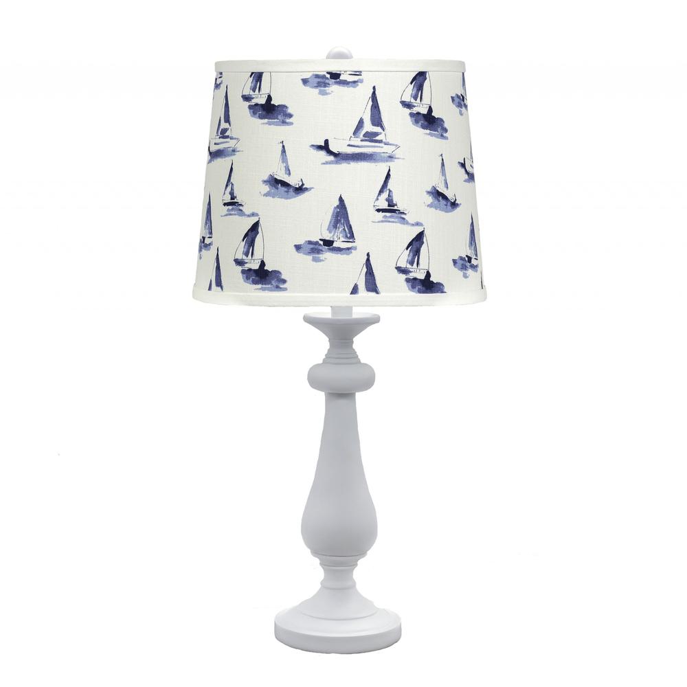 White Traditional Table Lamp with Sailboats Printed Shade - 380123. Picture 1