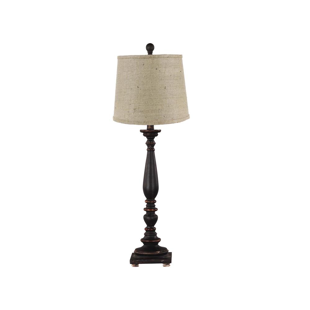 Distressed Black Traditional Table Lamp with Natural Burlap Fabric Shade - 380150. Picture 1