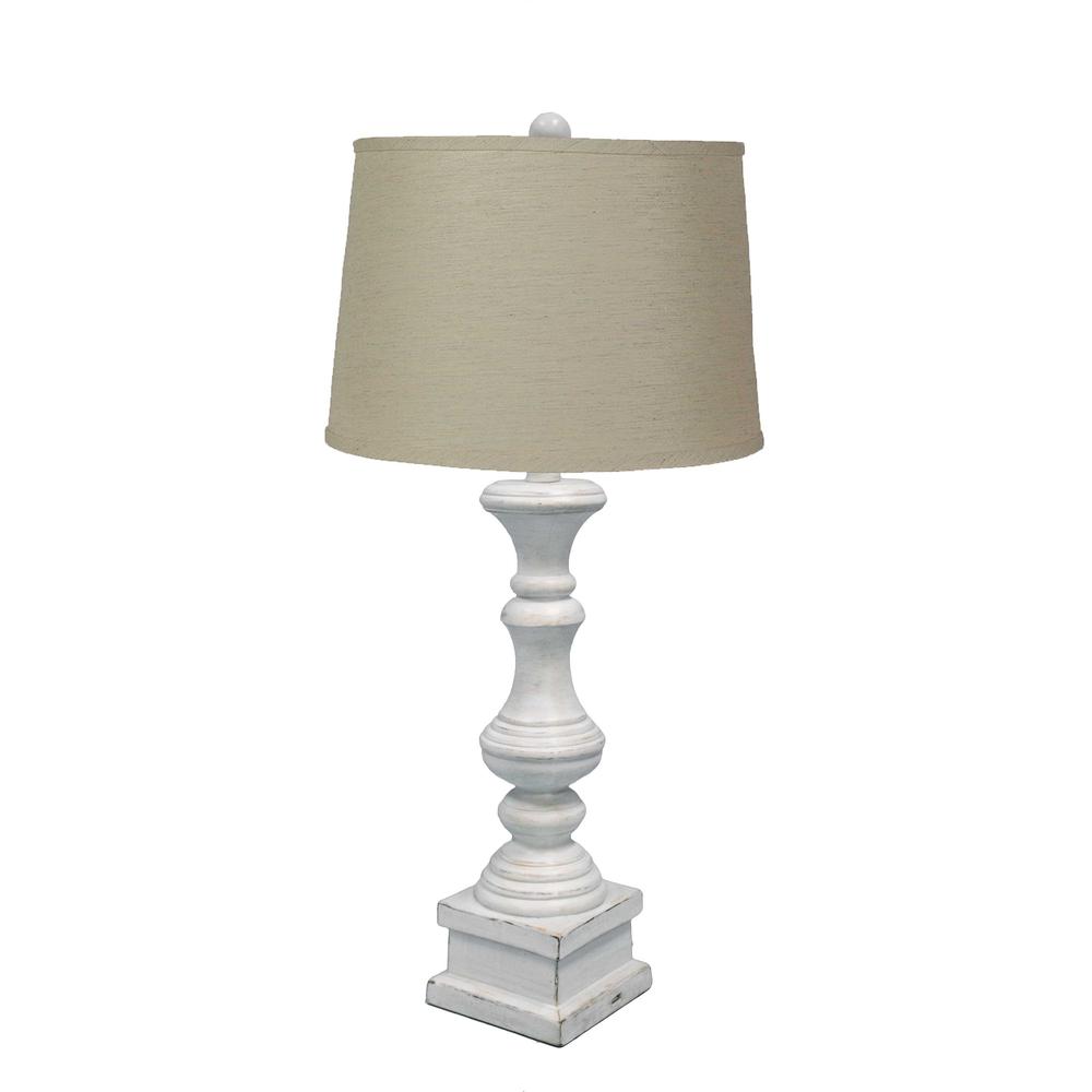 Distressed White Table Lamp with Sea Linen Fabric Shade - 380159. Picture 1