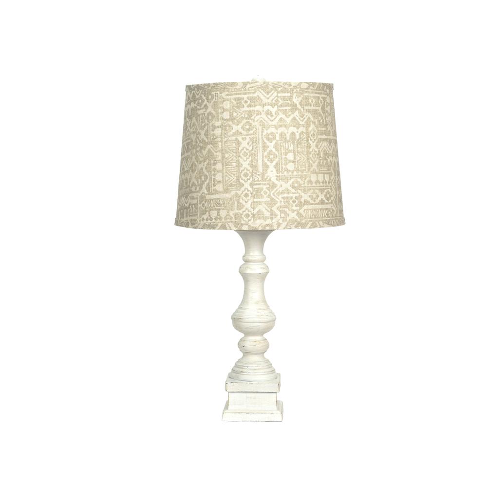 Distressed White Table Lamp with Patterned Tan Linen Shade - 380161. Picture 1