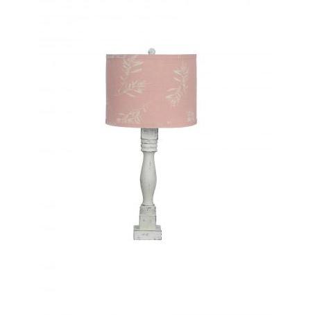 Distressed White Table Lamp with Olive Branch Pink Shade - 380172. Picture 1
