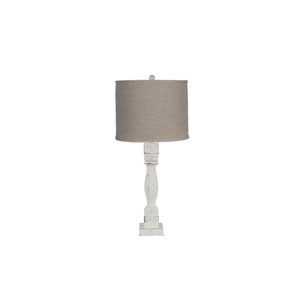Distressed White Table Lamp with Neutral Fabric Shade - 380173. Picture 1