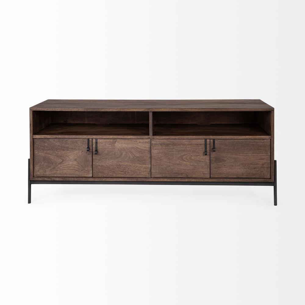 Medium Brown Mango Wood Finish TV Stand Media Console With 4 Doors And 2 Open Shelves - 380198. Picture 2