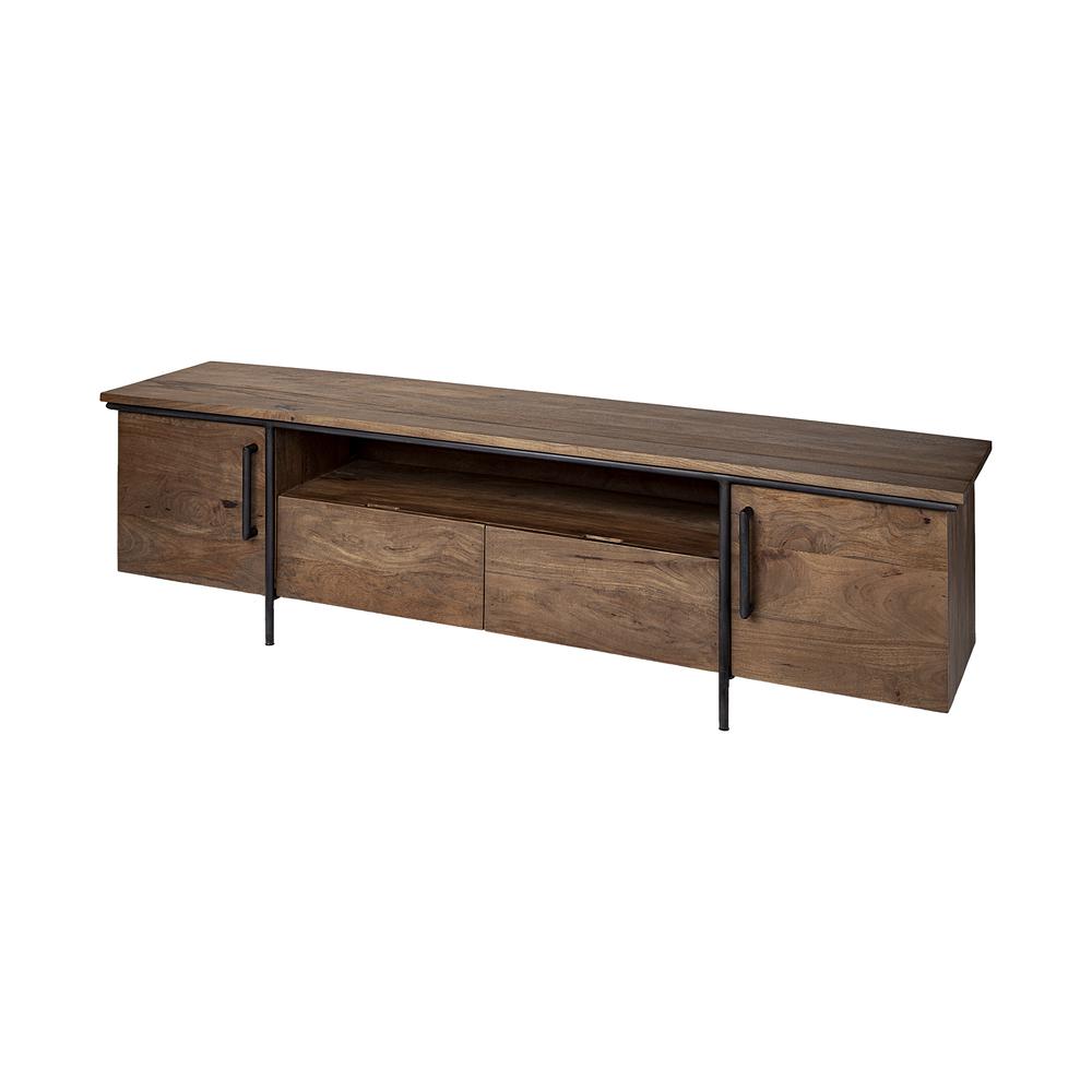 Medium Brown Solid Mango Wood Finish TV Stand Media Console With 4 Cabinets And Single Open Shelf - 380199. Picture 1