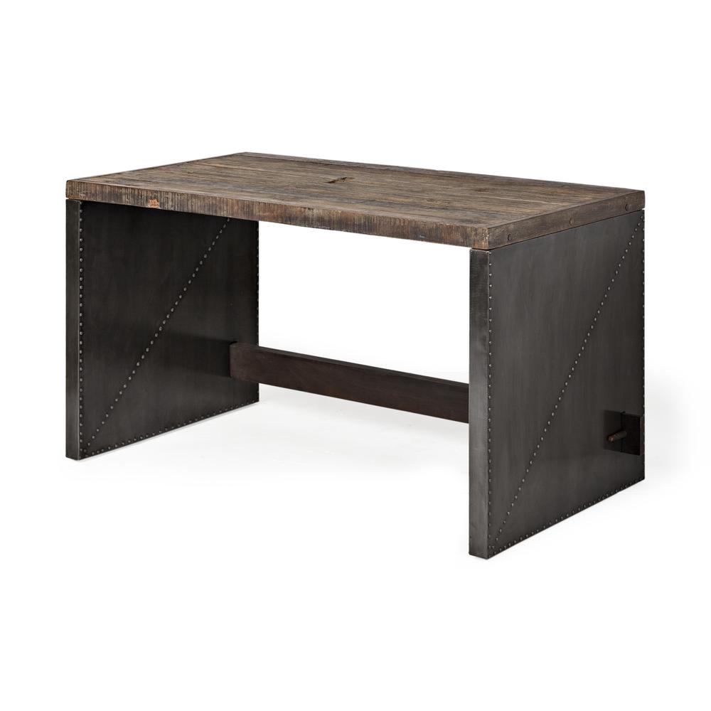 Dark Brown Solid Reclaimed Wood Office Desk With Metal Cladded Frame - 380202. Picture 1