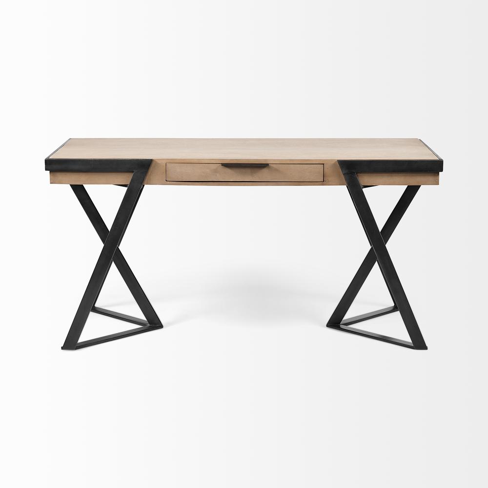 Solid Mango Wood Finish Writing Desk With Single Storage And Black Triangular Iron Legs - 380231. Picture 1