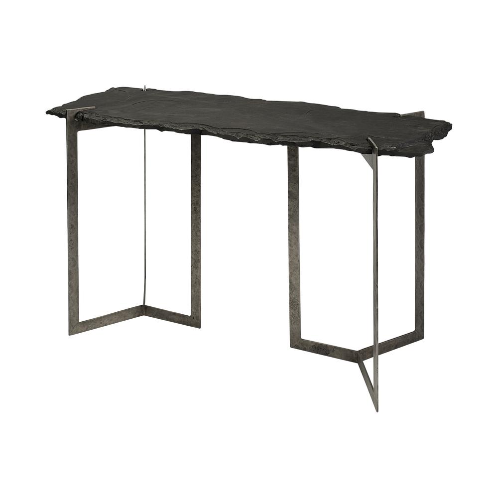 Rectangular Black Live Edge Slate Console Table With Double Pedestal Base - 380247. Picture 1