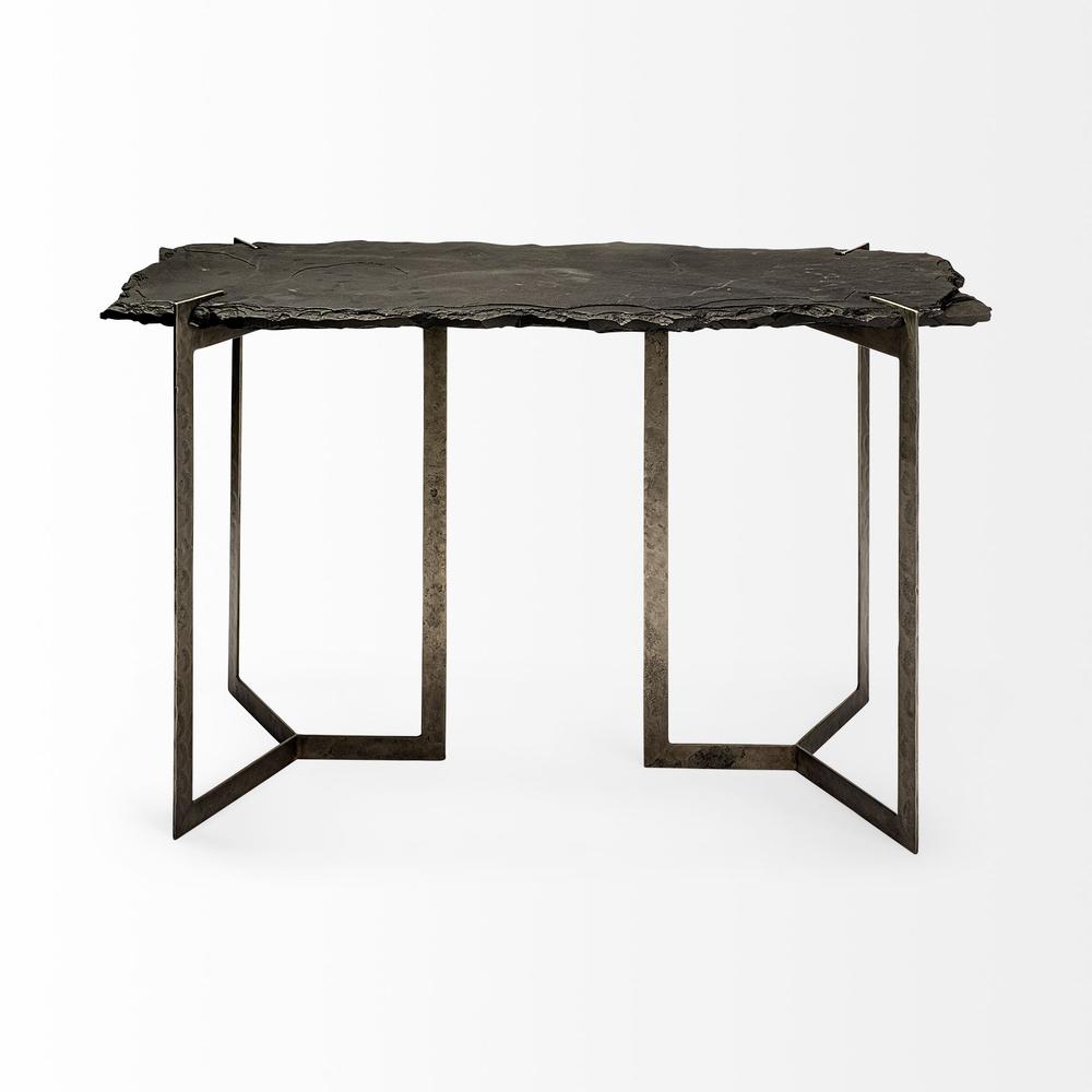 Rectangular Black Live Edge Slate Console Table With Double Pedestal Base - 380247. Picture 2