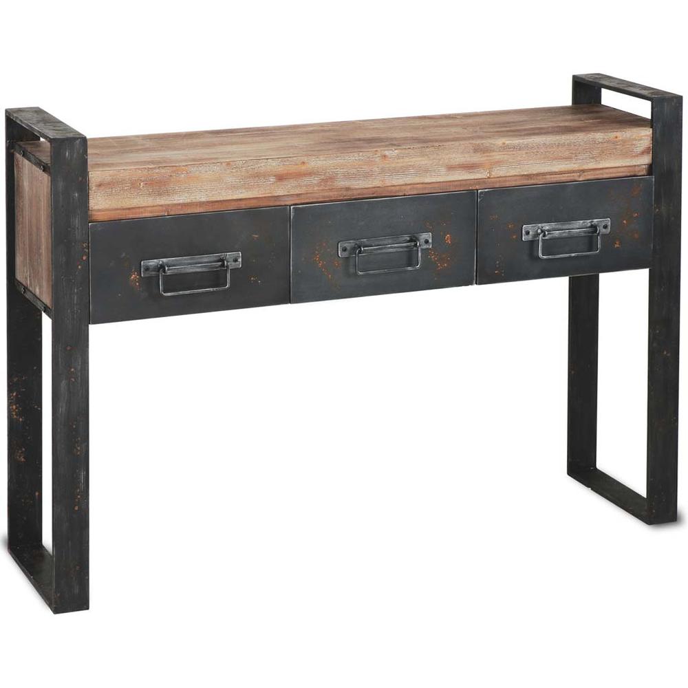 Medium Brown Wooden Console Table With Black Metal Frame And 3 Storage Drawers - 380248. Picture 1