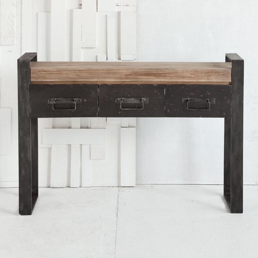 Medium Brown Wooden Console Table With Black Metal Frame And 3 Storage Drawers - 380248. Picture 2