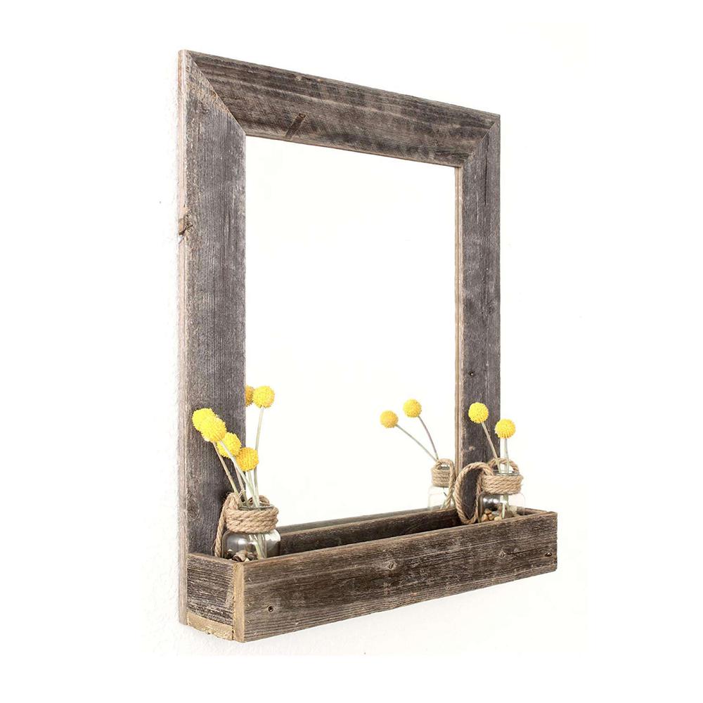 Rustic Weathered Gray Reclaimed Wood Plank Mirror with Shelf - 380345. Picture 1