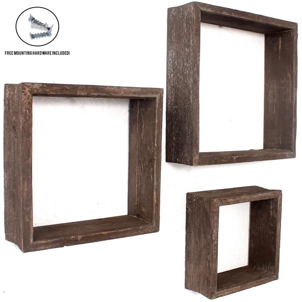 Set of 3 Square Espresso Reclaimed Wood Open Box Shelve - 380350. Picture 1