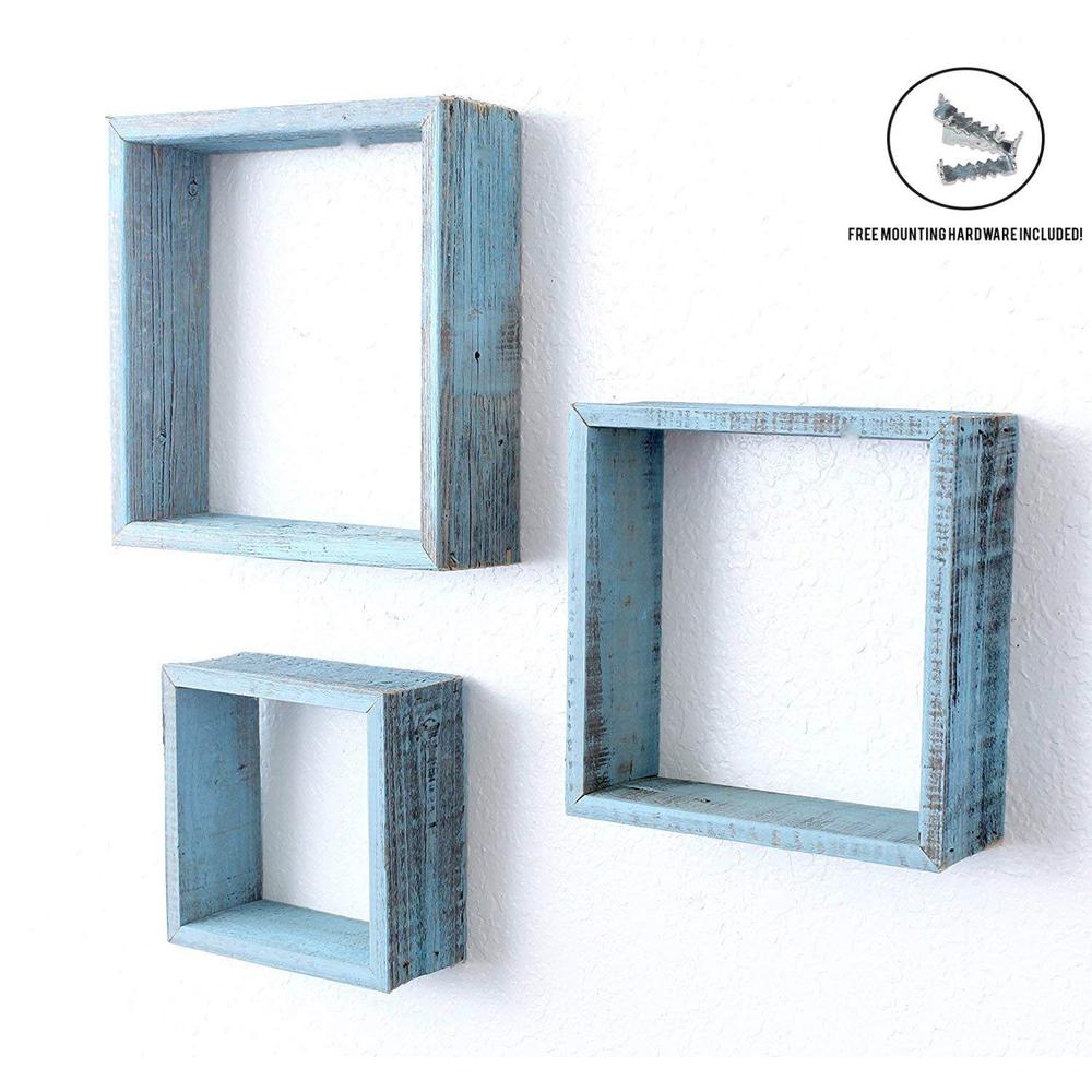 Set of 3 Square Robins Egg Blue Reclaimed Wood Open Box Shelve - 380351. Picture 1