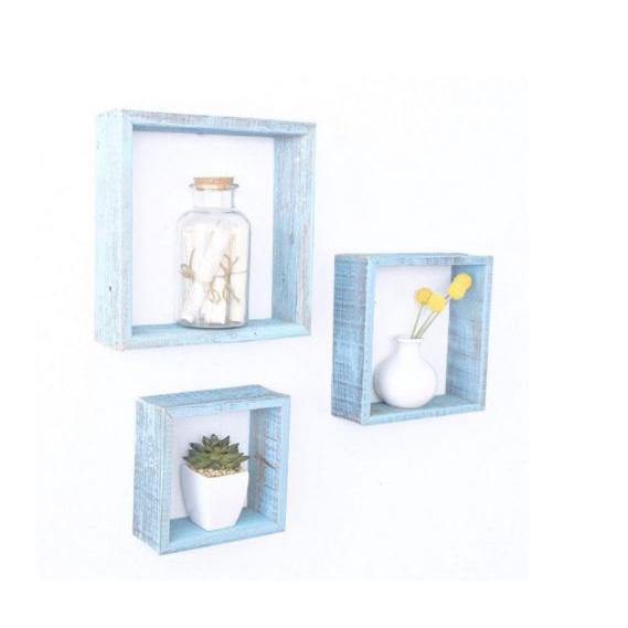 Set of 3 Square Robins Egg Blue Reclaimed Wood Open Box Shelve - 380351. Picture 3