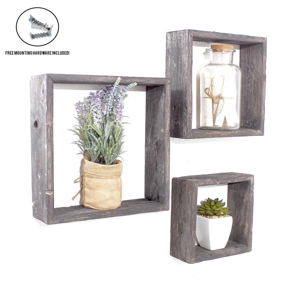 Set of 3 Square Smoky Black Reclaimed Wood Open Box Shelve - 380353. Picture 1