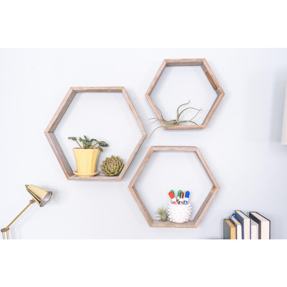 Set of 3 Hexagon Rustic Natural Weathered Grey Wood Open Box Shelve - 380354. Picture 4