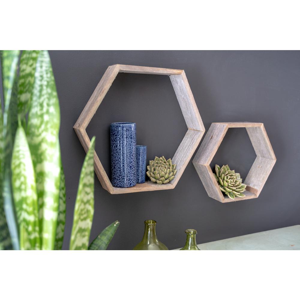 Set of 3 Hexagon Rustic Natural Weathered Grey Wood Open Box Shelve - 380354. Picture 5