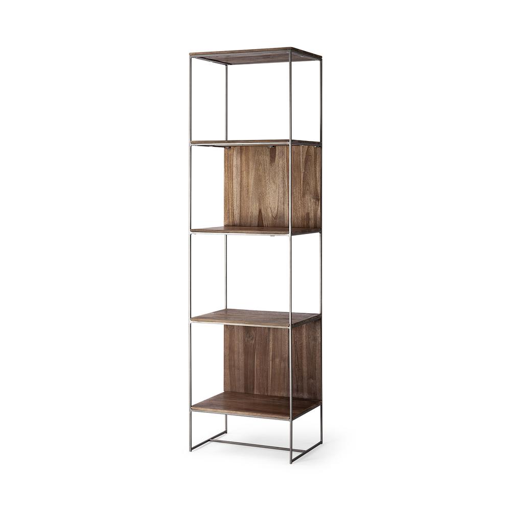 Brown Wood and Silver Metal Frame with 4 Shelf Shelving Unit - 380385. Picture 1