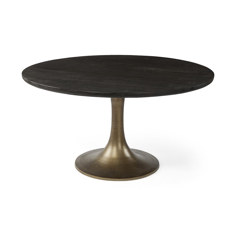 54" Round Brown Solid Wood Top with Gold Metal Base Dining Table - 380486. Picture 1