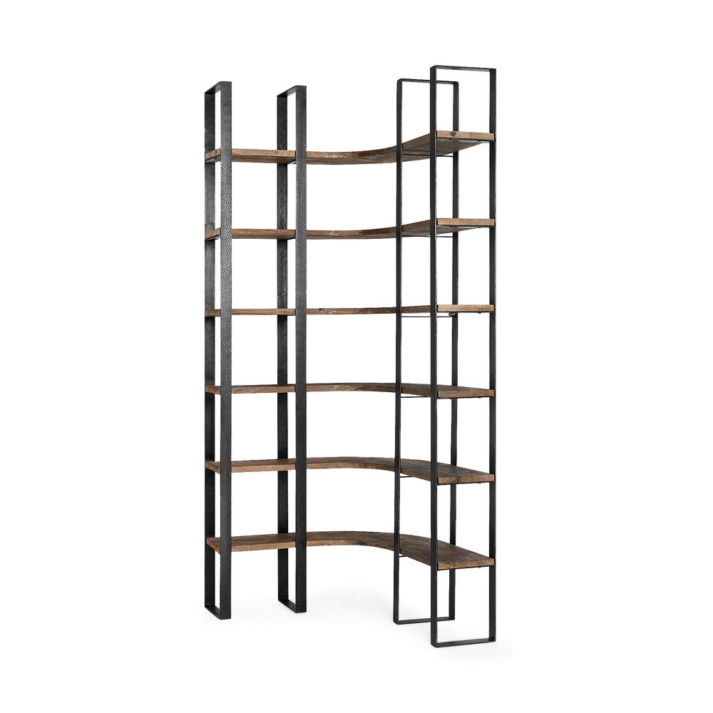 Curved Dark Brown Wood And Black Iron 6 Shelving Unit - 380588. Picture 1