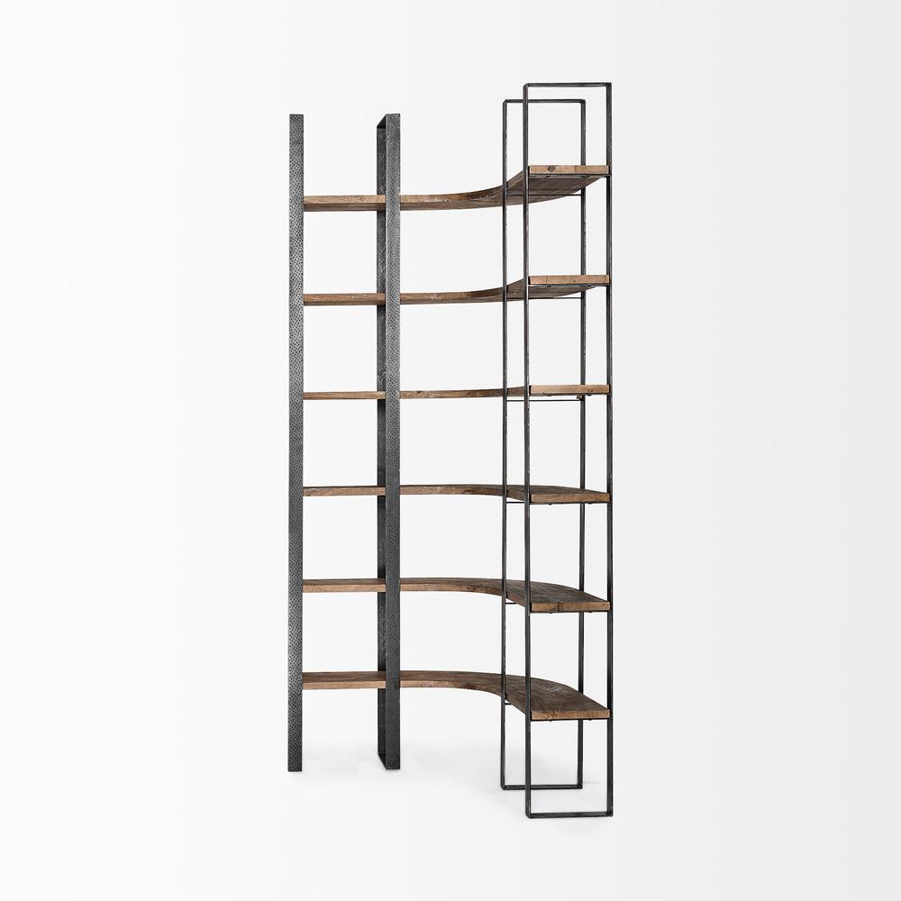 Curved Dark Brown Wood And Black Iron 6 Shelving Unit - 380588. Picture 3