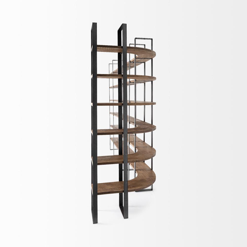 Curved Dark Brown Wood And Black Iron 6 Shelving Unit - 380588. Picture 6