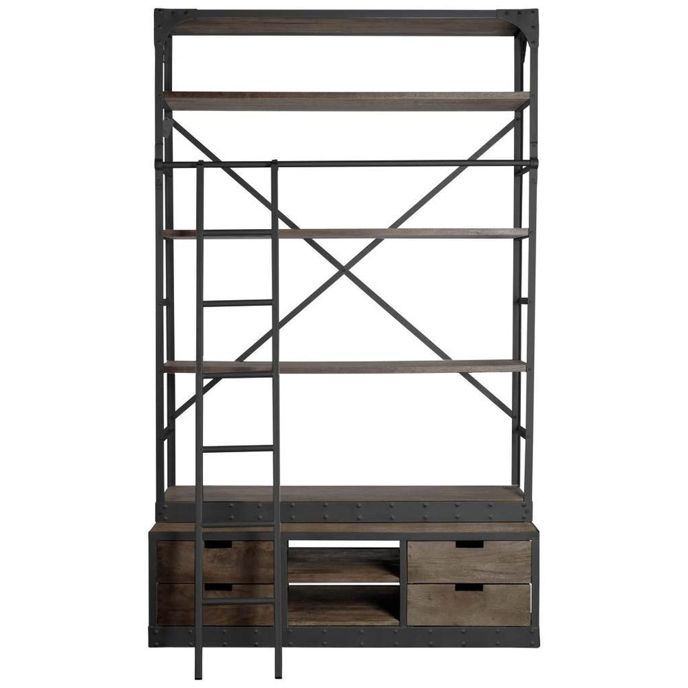 Brown Wood Shelving Unit with Gun Metal Ladder and 4 Shelves - 380589. Picture 1