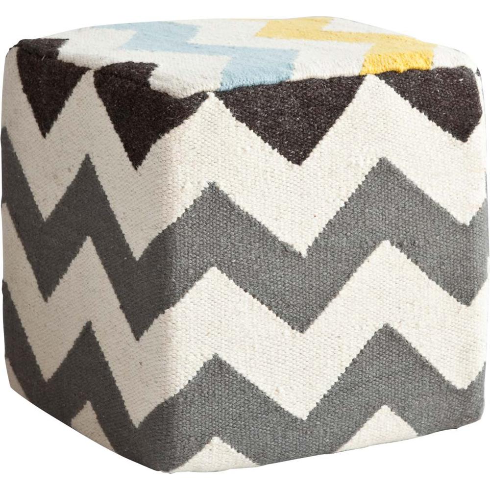 Ivory and Charcoal Wool Square Pouf with Zig Zag Pattern - 380601. Picture 1