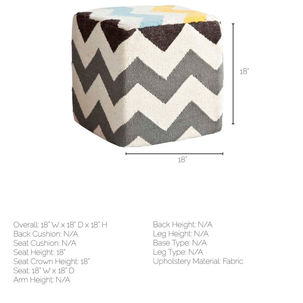 Ivory and Charcoal Wool Square Pouf with Zig Zag Pattern - 380601. Picture 4