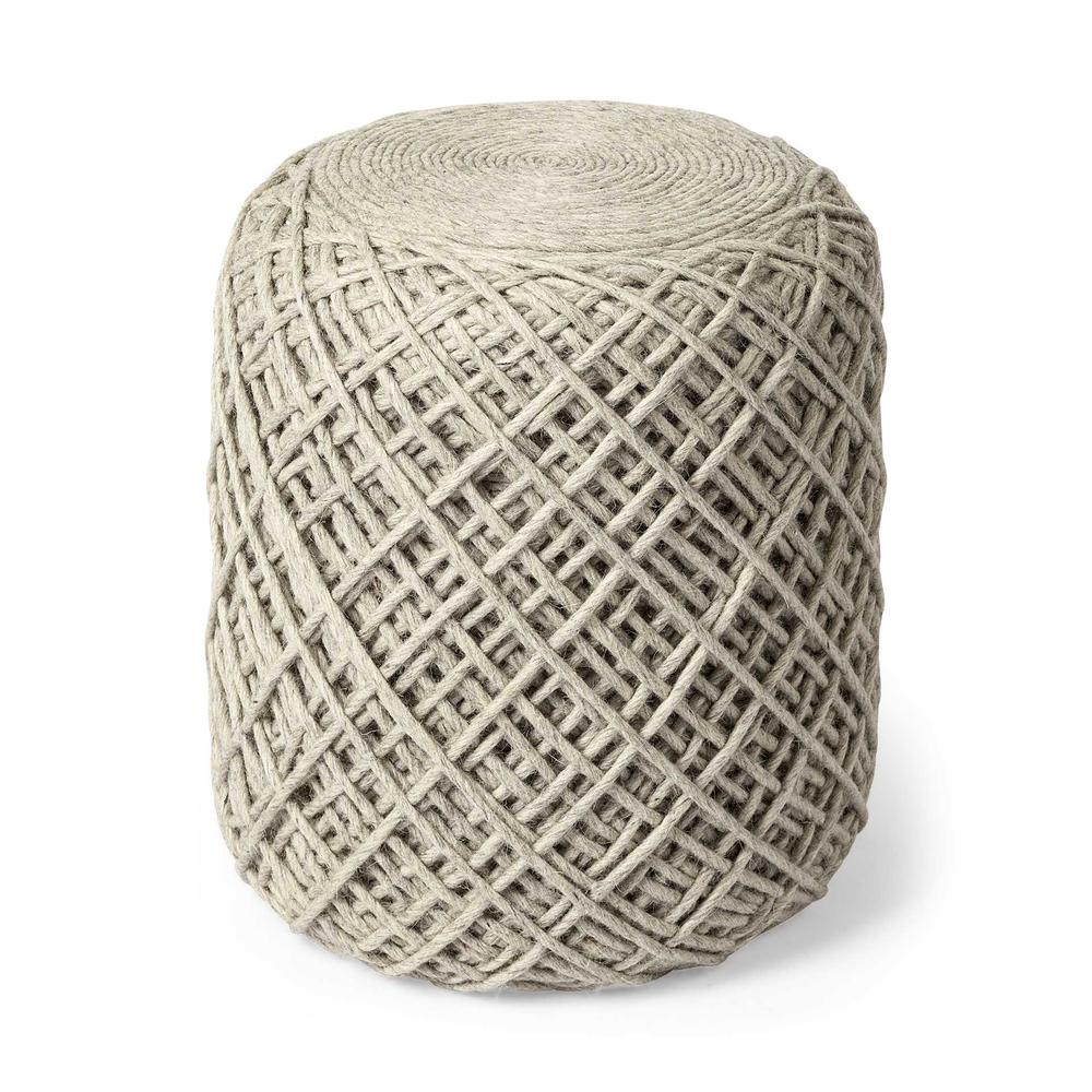 Oatmeal Wool Cylindrical Pouf with Diamond Pattern - 380607. Picture 5