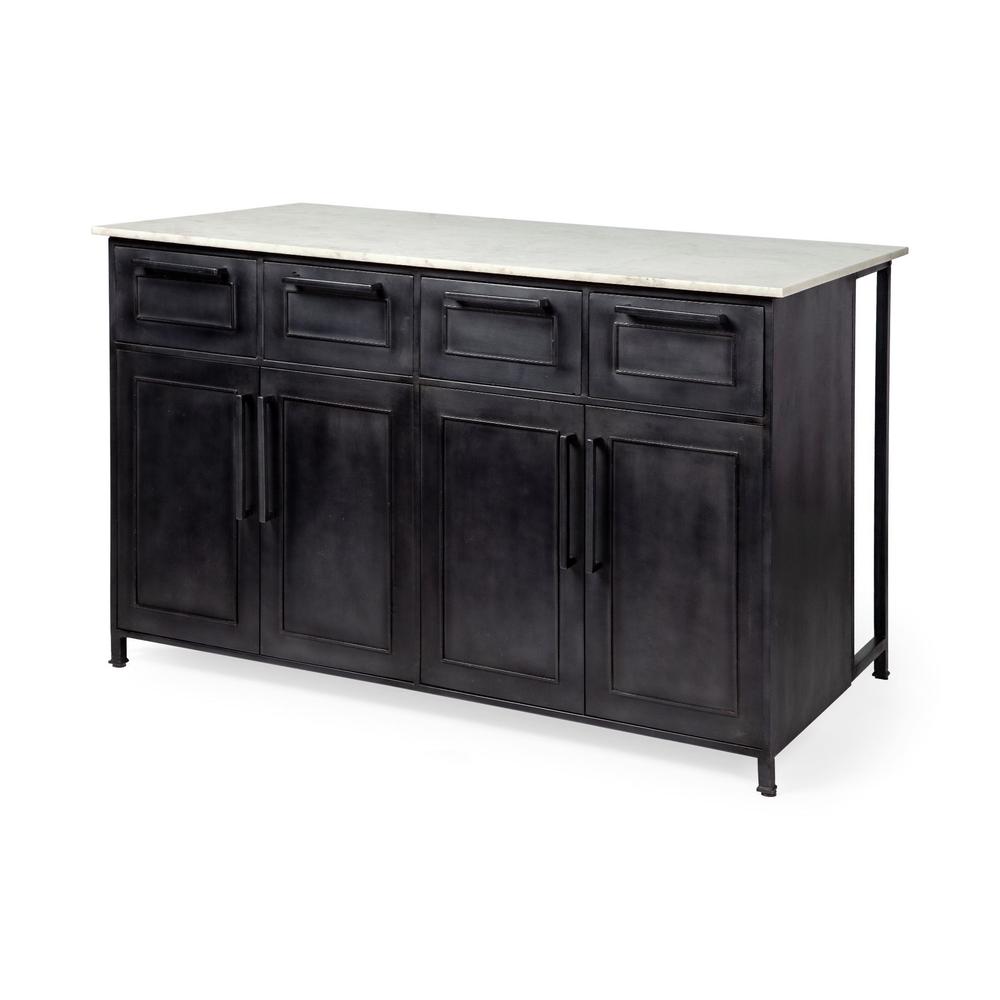 Solid Iron Black Body White Marble Top Kitchen Island with 4 Drawer - 380614. Picture 1