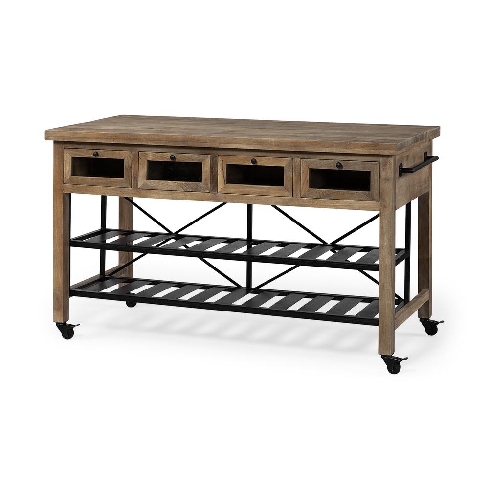 Brown Solid Wood Top Kitchen Island with Two Tier Black Metal Rolling - 380617. Picture 1
