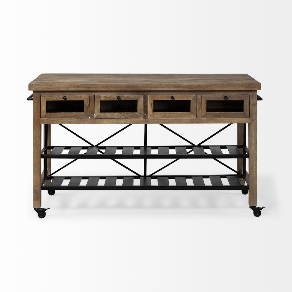 Brown Solid Wood Top Kitchen Island with Two Tier Black Metal Rolling - 380617. Picture 2