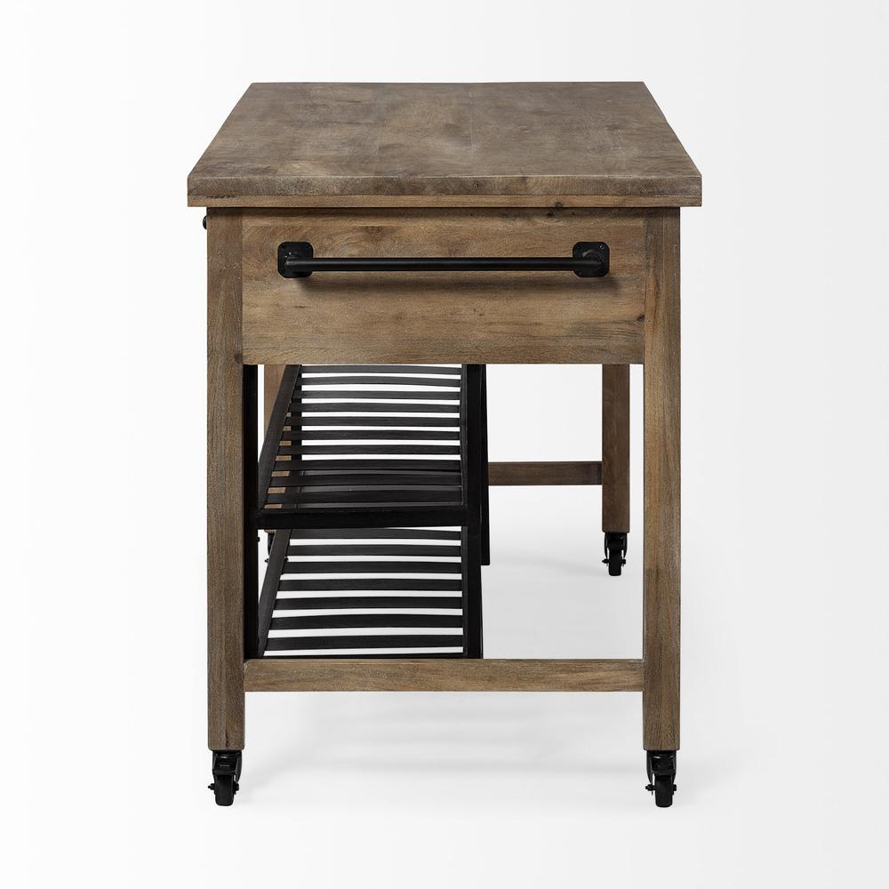 Brown Solid Wood Top Kitchen Island with Two Tier Black Metal Rolling - 380617. Picture 3