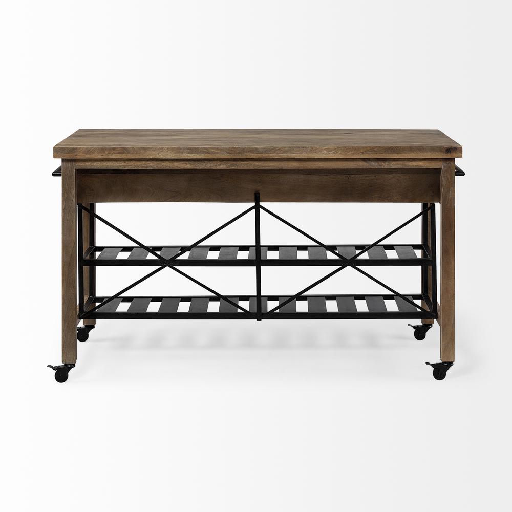 Brown Solid Wood Top Kitchen Island with Two Tier Black Metal Rolling - 380617. Picture 4