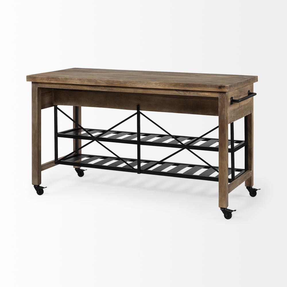 Brown Solid Wood Top Kitchen Island with Two Tier Black Metal Rolling - 380617. Picture 5