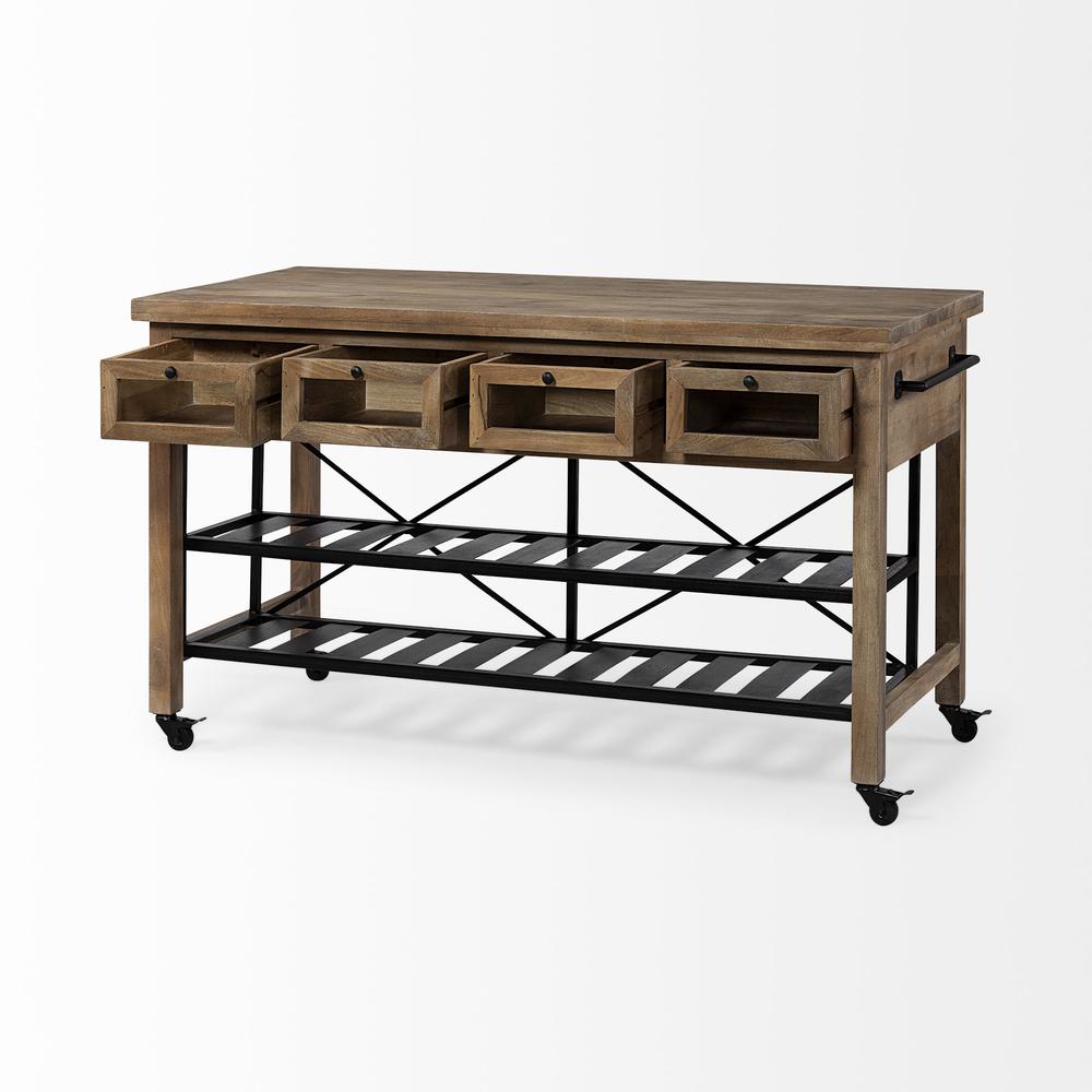 Brown Solid Wood Top Kitchen Island with Two Tier Black Metal Rolling - 380617. Picture 6