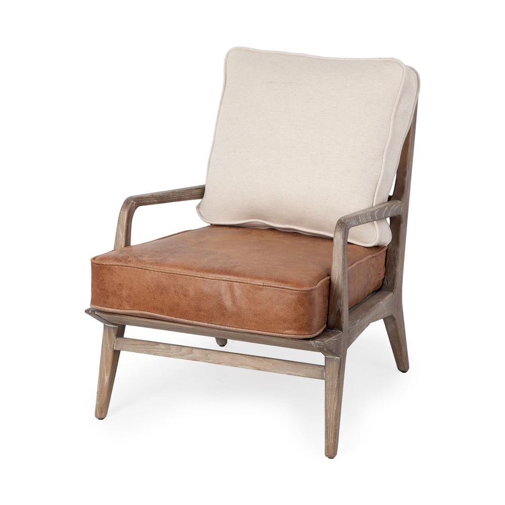 Brown Leather Seat Accent Chair with Off White Fabric - 380631. Picture 1