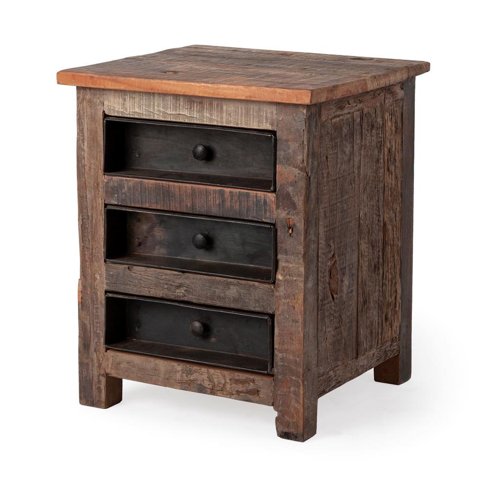 Medium Brown Wood Square Top End Table with Rustic Metal Drawers - 380657. Picture 1