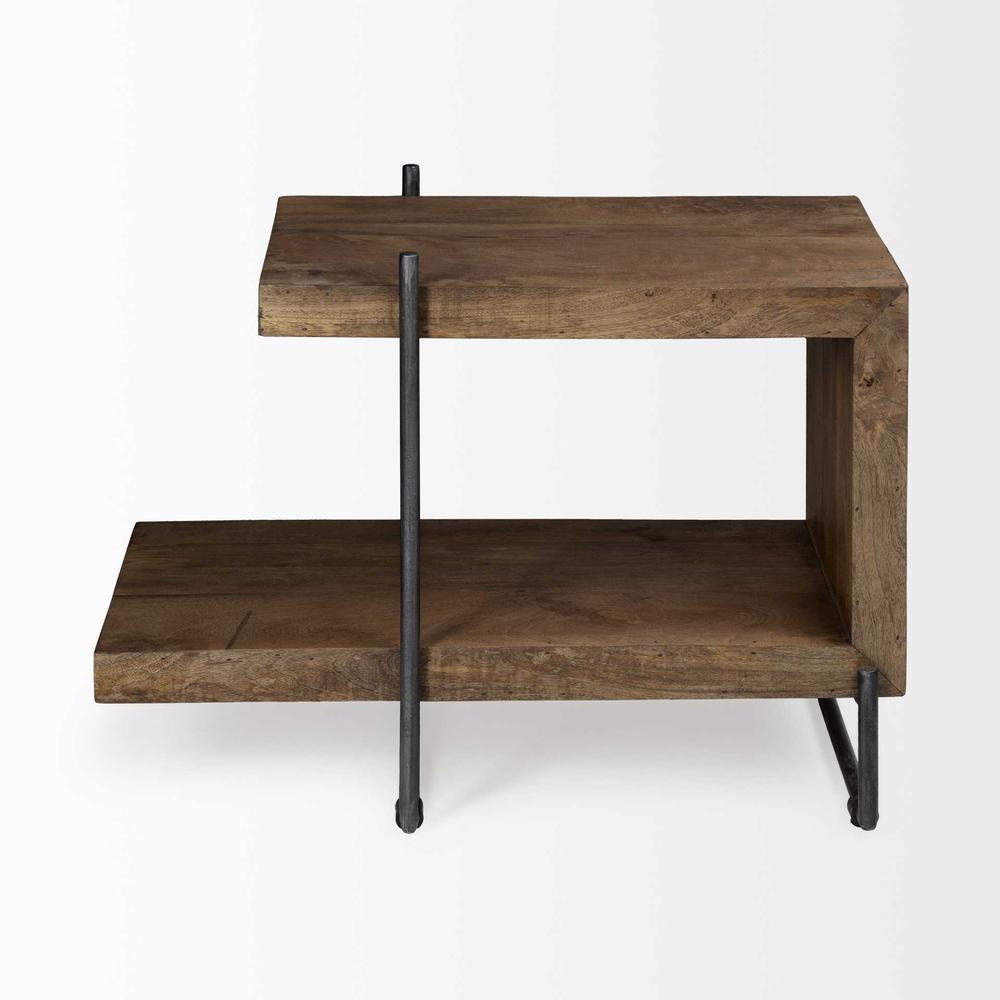 Medium Brown Wood U Shaped Side Table with Extended Storage Shelf. Picture 4