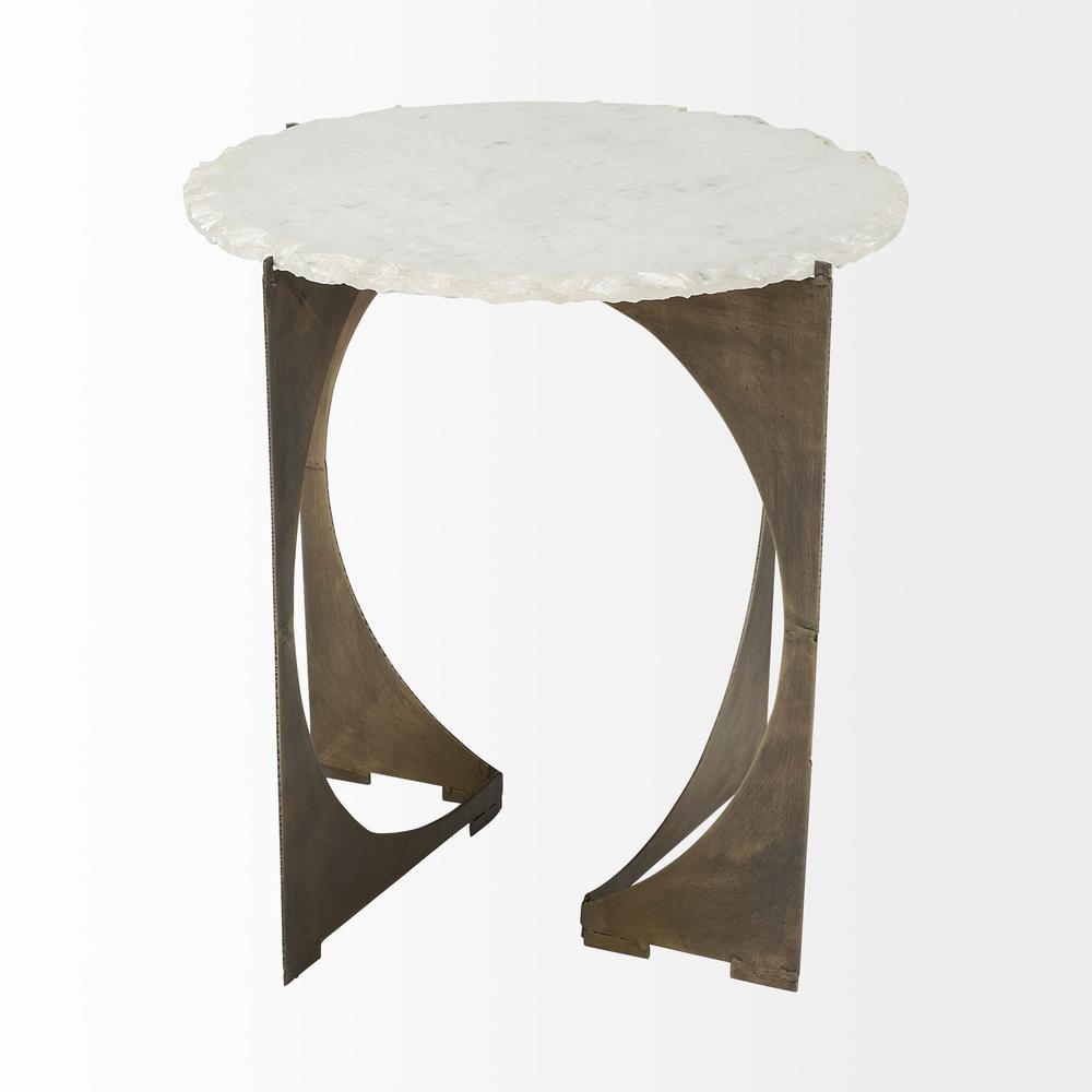 Round Live-Edge Side Table with Marble Top and Gold Metal Base - 380660. Picture 2