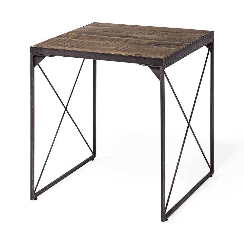Medium Brown Wood Side Table with Square Top and Iron Cross Braced. Picture 1