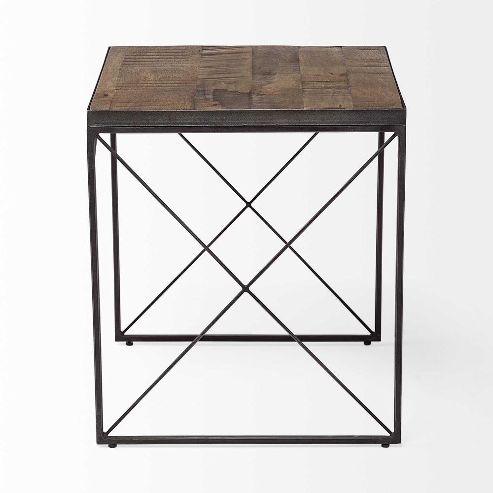 Medium Brown Wood Side Table with Square Top and Iron Cross Braced. Picture 3