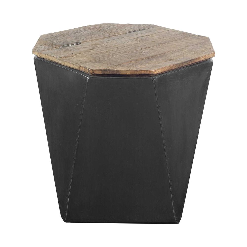 Black Metal and Natural Wood Hinged-Top Side Table. Picture 1