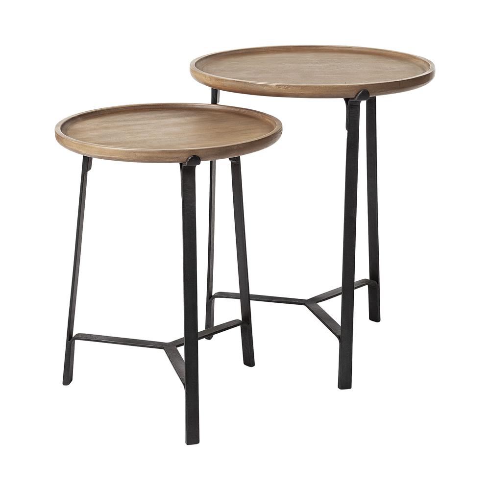Set of 2 Round Brown Solid Wood Iron Base Nesting Side Tables. Picture 1