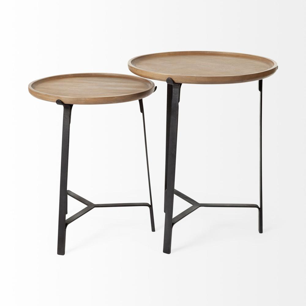Set of 2 Round Brown Solid Wood Iron Base Nesting Side Tables. Picture 2