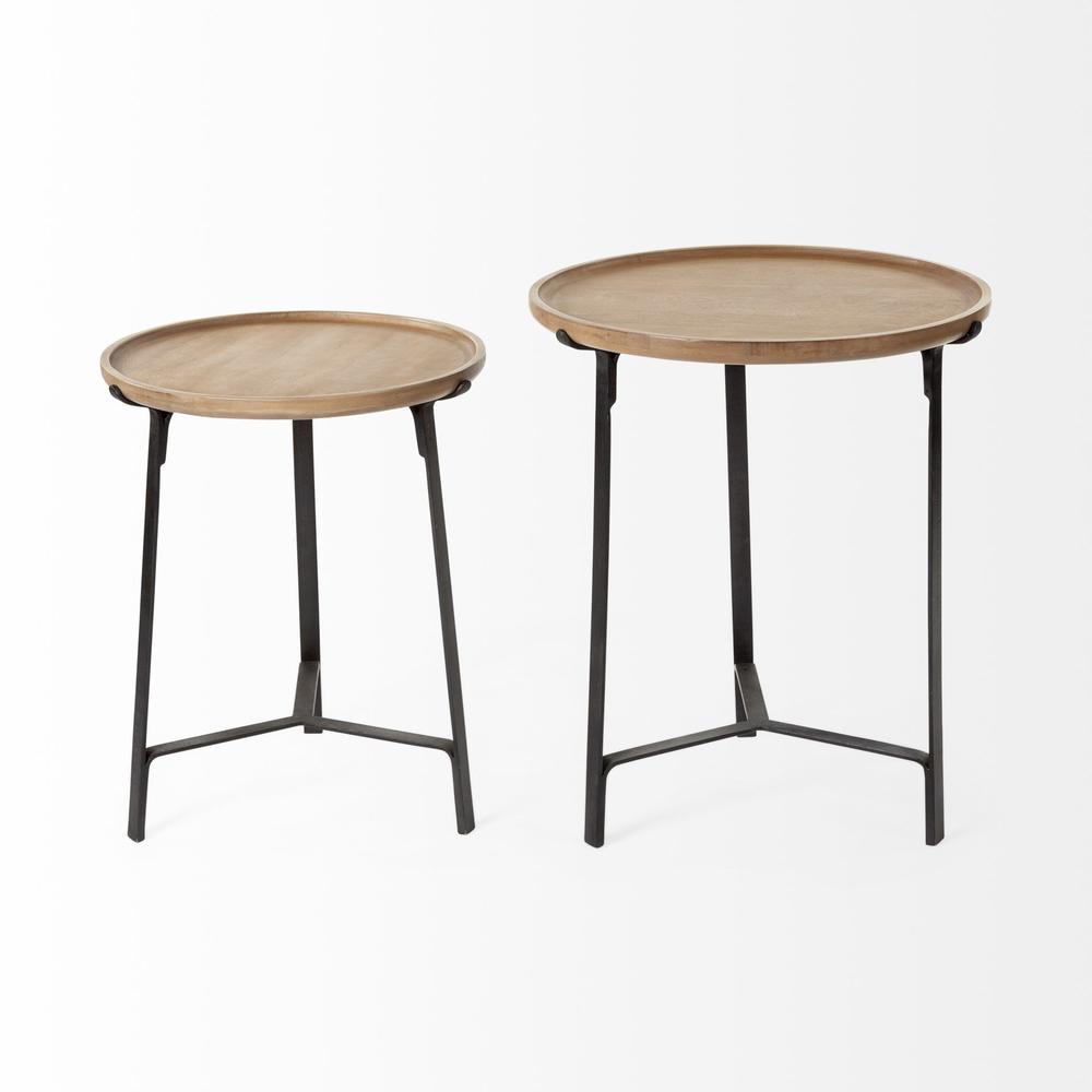 Set of 2 Round Brown Solid Wood Iron Base Nesting Side Tables. Picture 4