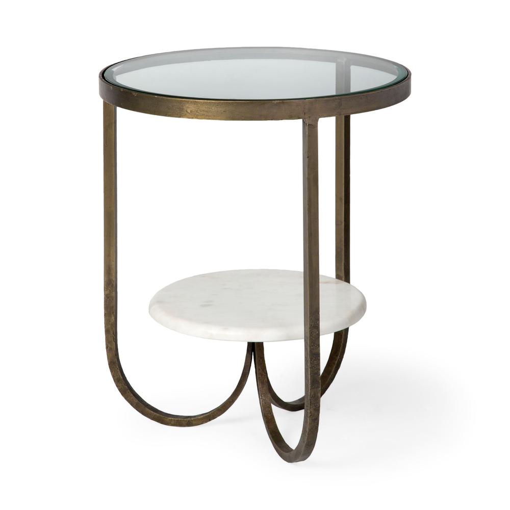 Round Glass Top Metal Side Table with Marble Shelf on Bottom - 380669. Picture 1