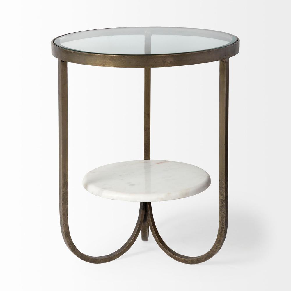 Round Glass Top Metal Side Table with Marble Shelf on Bottom - 380669. Picture 2
