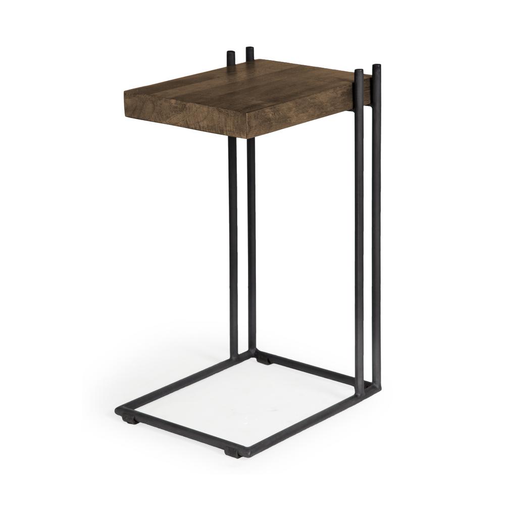 L-Shaped Medium Brown Wood Side Table with Black Metal Frame. Picture 1